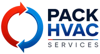 PACK HVAC Services logo with red and blue circular arrows symbolizing heating and cooling