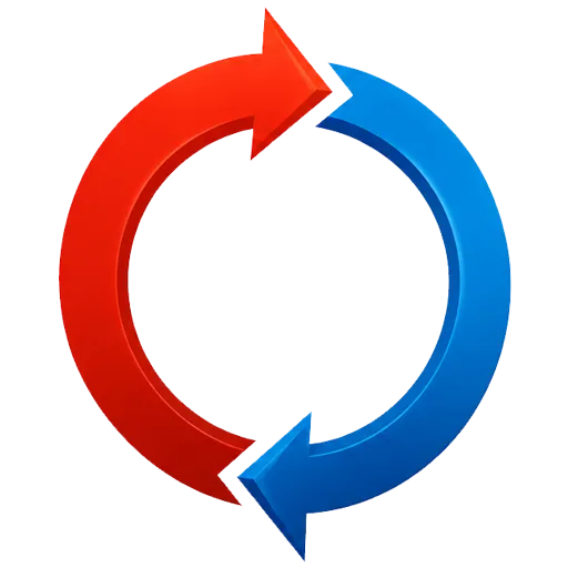 3D red and blue circular arrows forming a continuous loop symbolizing refresh, sync, exchange