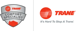 Trane Comfort Specialist silver shield badge with red house icon beside Trane red circular logo and gray tagline