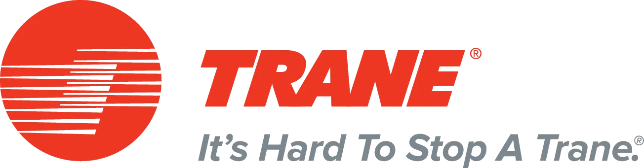 Trane logo with red circular emblem of horizontal stripes, bold red TRANE wordmark and gray tagline It's Hard To Stop A Trane.