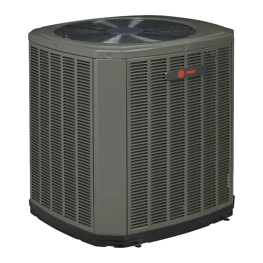 Gray Trane outdoor air conditioner condenser unit with top fan and louvered side vents.