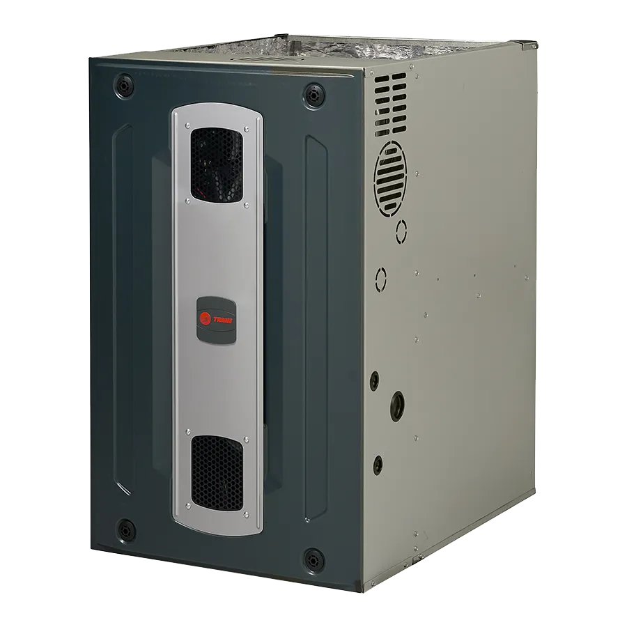Trane gas furnace HVAC unit, gray front panel with vents and beige cabinet, residential heating equipment.
